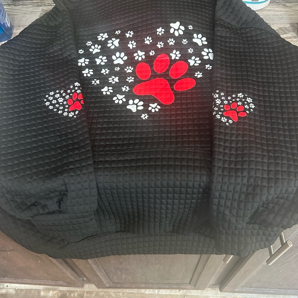Black Waffle Knit Jacket with Red Paw Print